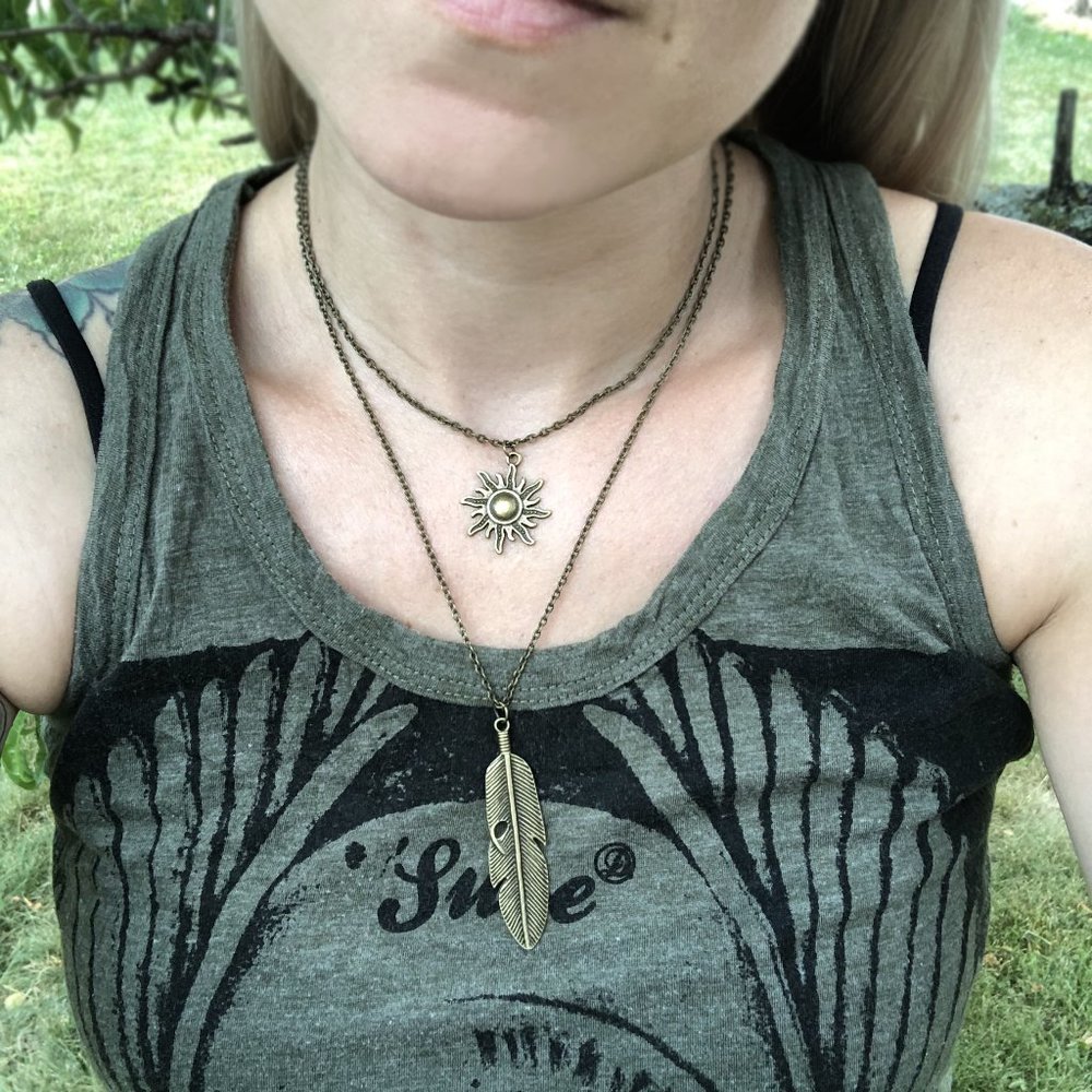 2 for 1! Antique Brass Sun and Feather Necklaces